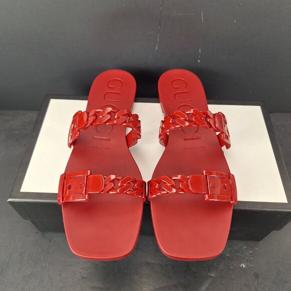 Gucci Rubber Buckle Chain Slide Sandals Womens Size 40 Hibiscus Red - Picture 3 of 14